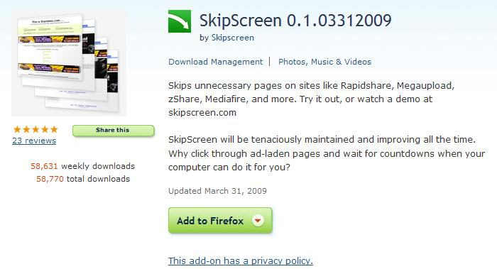 SkipScreen : Un plugin pour Firefox qui facilite vos téléchargements sur RapidShare, Megaupload et autres...